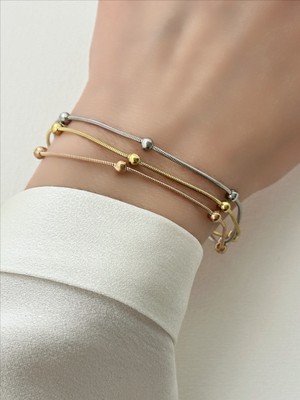 QA Quella Accessories Çelik Üçlü Topçuk Sıralı Rose-Gümüş-Gold Bileklik 17+5 cm