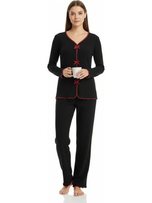 Premium Kadın 4’lü Fitilli Set – Siyah Kırmızı Biyeli (Pijama Üst, Pantolon, Bikini Takımı)