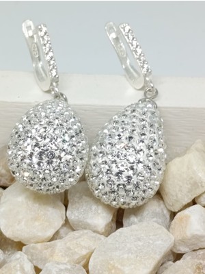 Lilahgümüştr Gümüş Damla Beyaz Taşlı Küpe