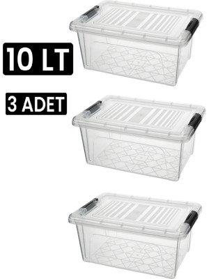 Qs Plastik Depolama Saklama Kutusu Düzenleyici Kilitli Saklama Kabı 3 Adet 10 Lt Şeffaf