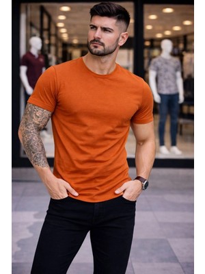 Alfanora Erkek T-Shirt Bisiklet Yaka Slim Fit Dar Kesim Likralı Tişört Günlük Basic Body - Koyu Turuncu