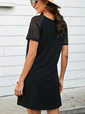 Emh Store Kadın Kısa Kollu Yuvarlak Yaka Şerit Kol Detaylı Viskon Elbise