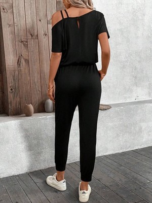 Emh Store Kadın Tek Omuzdan Açık Viskon Iki Iplik Bluz Bağcıklı Pantolon Ikili Takım