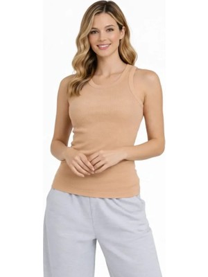 Emh Store Fitilli Atlet Sıfır Yaka Slim Fit Arka Baskılı Spor Atlet - Bej