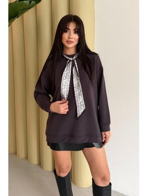 Balenbi Premium Modal Fular Detaylı Bisiklet Yaka Oversize Tunik 1177