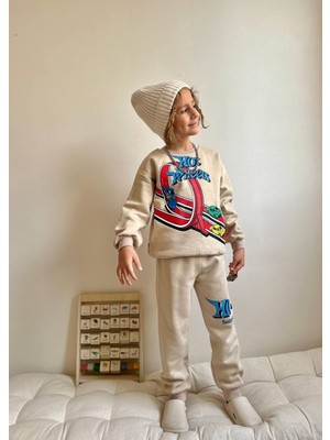 ButumiKids Erkek Çocuk Araba Baskılı 3 Iplik Şardonlu Içi Pamuklu Bej Renk Alt Üst Takım