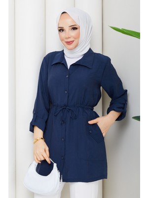 Pamuk Butik Kadın Beli Tünel Geçişli Cepli Gömlek -PMK532