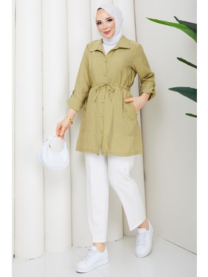 Pamuk Butik Kadın Beli Tünel Geçişli Cepli Gömlek -PMK532
