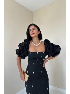 Emh Store Siyah Işlemeli Kolu Garnili Elbise