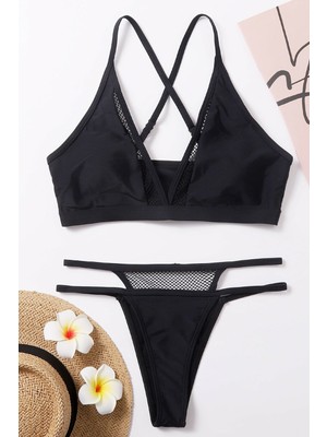 Kadın Siyah File Detaylı Özel Bikini Takımı