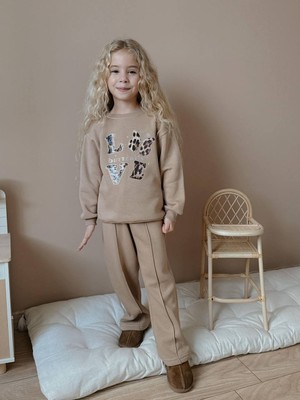 ButumiKids Kız Çocuk Kelebek Kalp Taş Baskılı 3 Iplik Alt Üst Eşofman Takımı