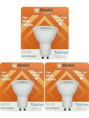 Avarson (3 Adet) Osaka 7W (50W) Beyaz Işık (6500K) GU10 Duylu LED Spot Ampul