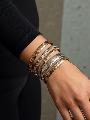 QA Quella Accessories Özel Seri Z   Bakır Bronz-Silver Çoklu Bileklik Iç Çap: 6,5 cm