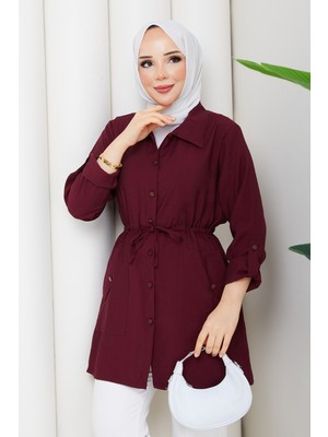 Pamuk Butik Kadın Beli Tünel Geçişli Cepli Gömlek -PMK532