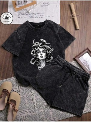 Divin Calıfornıa Baskılı Oversize Alt-Üst Takım Siyah Bartik Şort T-Shırt