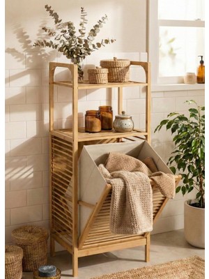 Robin Home Doğal Bambu Kirli Sepetli 2 Raflı Çok Amaçlı Banyo Düzenleyici Çamaşır Sepeti Organizer