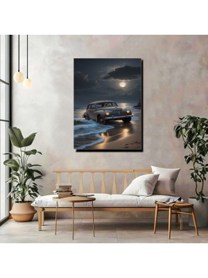Artprinta Ay Işığında Klasik Araba Kanvas Tablo – Retro & Deniz Temalı Modern Duvar Dekoru