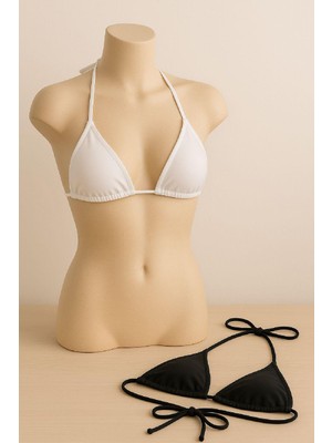 Kadın Siyah ve Beyaz Minimal Kesim Üçgen Bikini Üstü