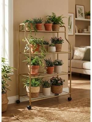 Modern Gold Tekerlekli 4 Katlı Metal Çiçeklik Standı: Çok Amaçlı Mutfak,kitaplık&dekoratif Lüks Stand