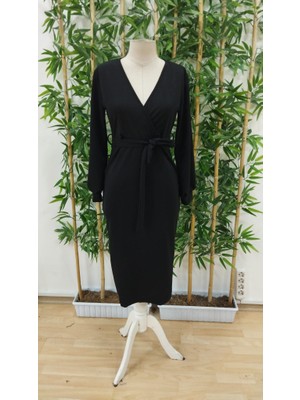 Emh Store Kadın Uzun Kollu Kruvaze Yaka Belden Kuşaklı Midi Ithal Krep Elbise