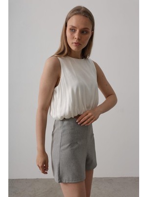 Emh Store Saten Kolsuz Belki Lastikli Bluz - Ekru