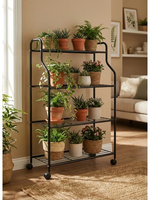 Modern Siyah Tekerlekli 4 Katlı Metal Çiçeklik Standı: Çok Amaçlı Mutfak,kitaplık&dekoratif Lüks Stand