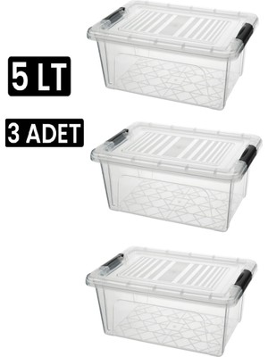 Qs Plastik Depolama Saklama Kutusu Düzenleyici Kilitli Saklama Kabı 3 Adet 5 Lt Şeffaf