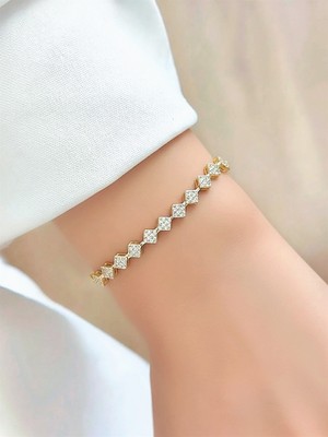 QA Quella Accessories Rodyum Zirkon Baklava 14K Altın Kaplama Gold Bileklik 16+2 cm