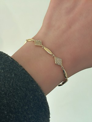 QA Quella Accessories Rodyum Baklava Zirkon 14 Ayar Altın Kaplama Gold Künye Bileklik 16,3+2 cm