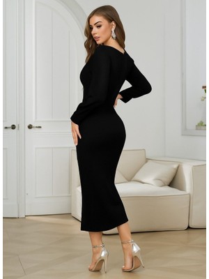 Emh Store Kadın Uzun Kollu V Yakalı Yırtmaçlı Taşlı Uzun Ithal Krep Elbise