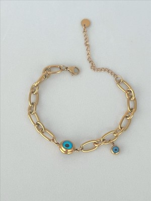 QA Quella Accessories Çelik Çift Nazar Göz Sallantılı 14K Gold Bileklik 15+5 cm