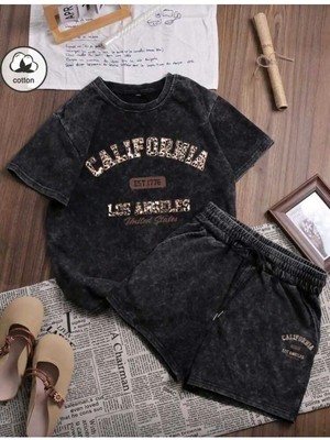Divin Calıfornıa Baskılı Oversize Alt-Üst Takım Siyah Bartik Şort T-Shırt