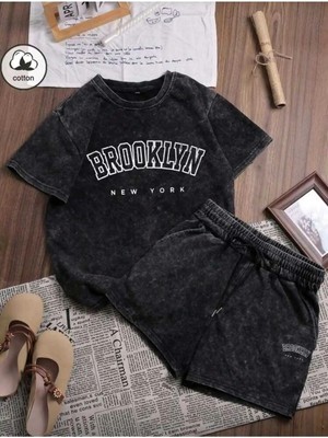 Divin Calıfornıa Baskılı Oversize Alt-Üst Takım Siyah Bartik Şort T-Shırt