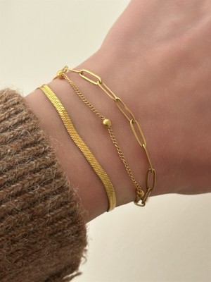 QA Quella Accessories Çelik Üçlü Italyan Figaro Topçuk 14K Gold Zincir Bileklik 17+5 cm