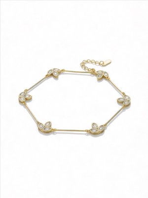 QA Quella Accessories Rodyum Zirkon Taş Lotus Çiçek 14 Ayar Altın Kaplama Gold Ince Bileklik 17+5 cm