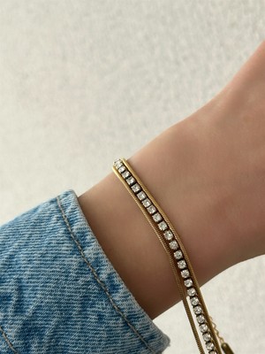 QA Quella Accessories Çelik Üçlü Zirkon Su Yolu Gold Bileklik 17+5 cm