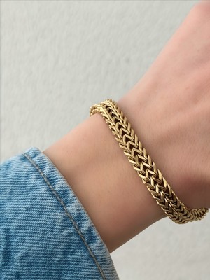 QA Quella Accessories Çelik Hasır Görünümlü Çift Örgü 14K Gold Bileklik 16-4 cm