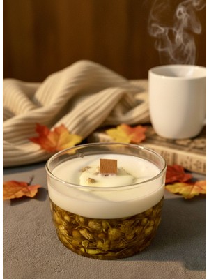 Piccomino Doğal Papatya Esintili Soya Mumu - Ahşap Fitilli ve Cam Kasede Estetik Ev Hediyesi