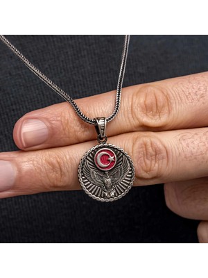 Supertrend Gümüş Türk Kartalı ve Ay Yıldız Motifli Erkek Kolye
