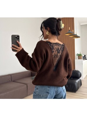 Emh Store Kadın Sırtı Dantel Transparan Detay Triko Kazak