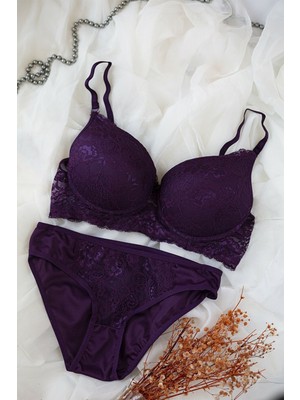 Kadın Mor Dolgulu Dantel Sütyen ve Külot Takım