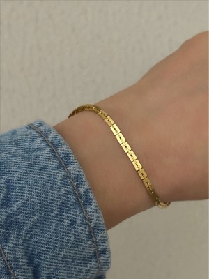 QA Quella Accessories Çelik Mini Ince Kare Pul Gold Altın Kaplama Zincir Bileklik 19+5 cm