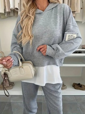Emh Store Kadın Uzun Kollu Kapşonlu Viskon Iki Iplik Bluz ve Pantolon Ikili Takım
