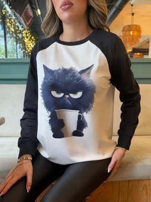 Emh Store Kadın Uzun Kollu Bisiklet Yaka Kedi Baskılı Şardonlu Dalgıç Bluz