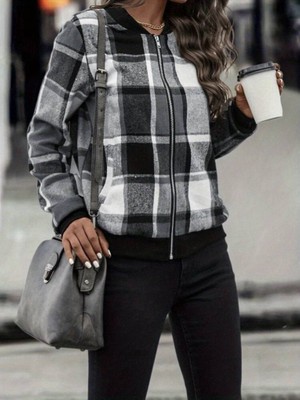 Emh Store Kadın Uzun Kollu Önden Fermuarlı Ekose Desenli Ceket