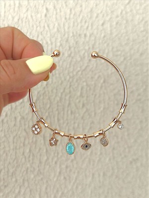 QA Quella Accessories Rodyum Zirkon Yıldız Göz Çiçek Soft Rose-Gold Ayarlanablir Charm Bileklik