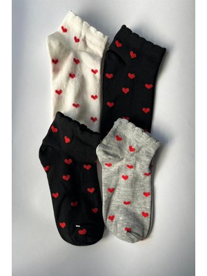 Admera Premium Admera 4’lü Kadın Kalp Desenli Pamuklu Sneaker Çorap 36-40 Dikişsiz Burun, Güçlendirilmiş Topuk
