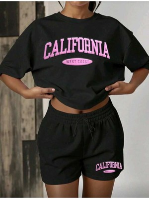 Divin Calıfornıa Baskılı Oversize Alt-Üst Takım Siyah Bartik Şort T-Shırt