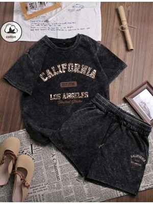Divin Calıfornıa Baskılı Oversize Alt-Üst Takım Siyah Bartik Şort T-Shırt