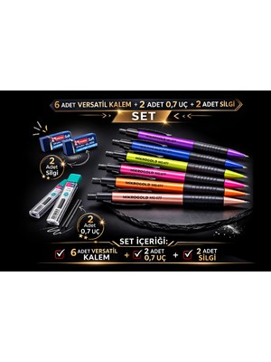 W-Design 6 Adet Mikro 0.7 Versatil Kalem + 2 Adet 0,7 Uç + 2 Adet Silgi 10 Lu Set